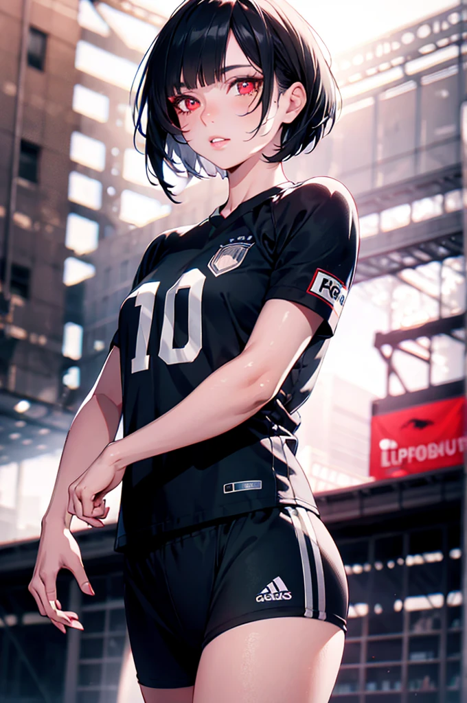 a woman with short black hair, beautiful detailed eyes, beautiful detailed lips, extremely detailed face, longeyelashes, wearing a Germany football trikot, football shorts, red eyes, hyperrealistic, 8k, best quality, photorealistic, highly detailed, studio lighting, professional, vivid colors, intricate details