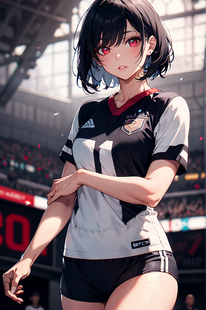 a woman with short black hair, beautiful detailed eyes, beautiful detailed lips, extremely detailed face, longeyelashes, wearing a Germany football trikot, football shorts, red eyes, hyperrealistic, 8k, best quality, photorealistic, highly detailed, studio lighting, professional, vivid colors, intricate details