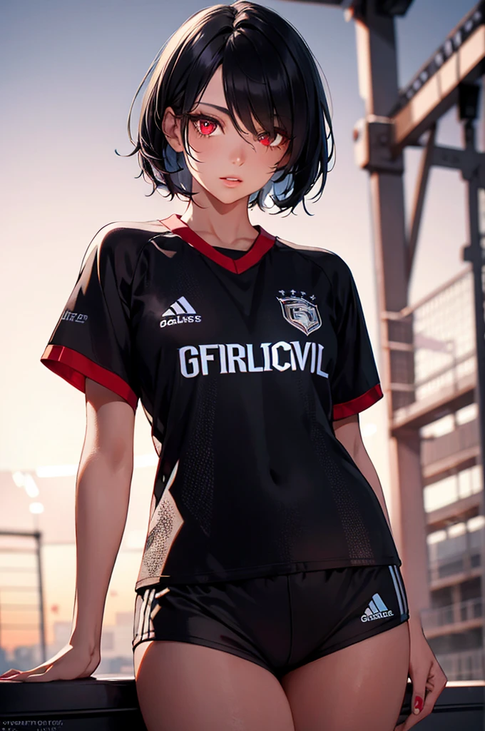 a woman with short black hair, beautiful detailed eyes, beautiful detailed lips, extremely detailed face, longeyelashes, wearing a Germany football trikot, football shorts, red eyes, hyperrealistic, 8k, best quality, photorealistic, highly detailed, studio lighting, professional, vivid colors, intricate details