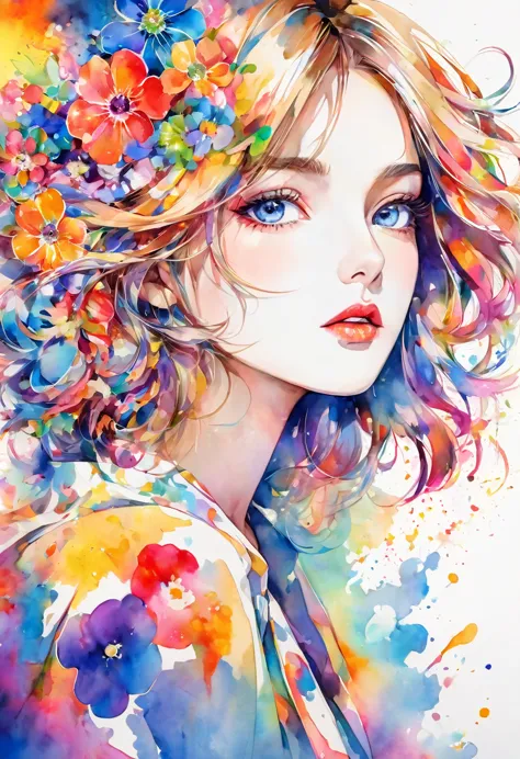 beautiful woman portrait, sylvia pelissero watercolors, colorful flowers、beautiful eyes、 abstract art, intense watercolor, water...