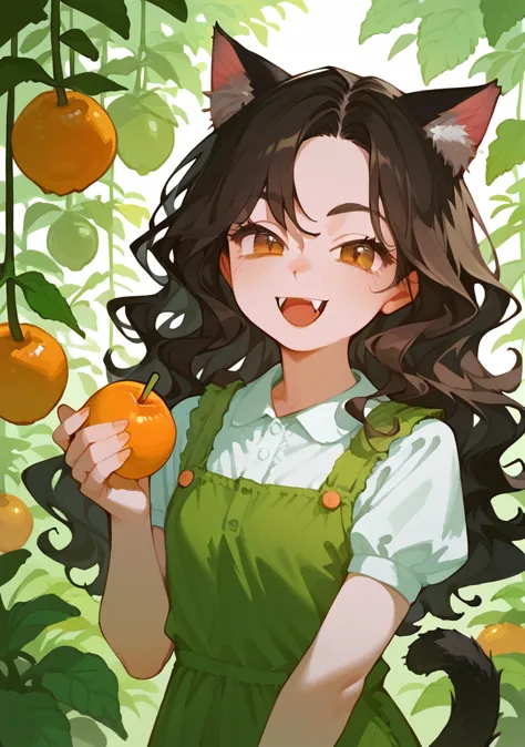 half body, girl,  a pretty woman, long black wavy hair, brown eyes, gardener  clothes, cat ears and tail, fangs, surrounded by d...