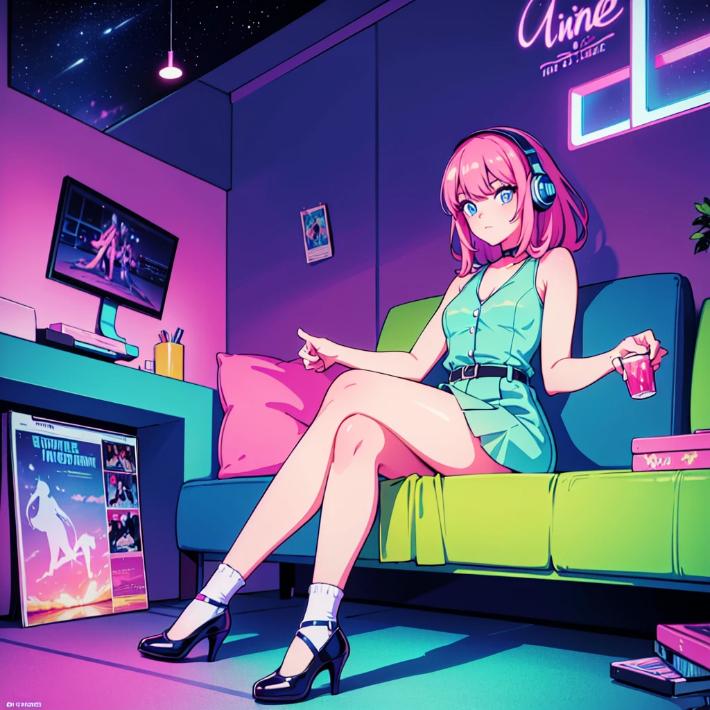 (masterpiece), Highest quality, Expressive eyes, Neon pastel aesthetics, Retro 90s, Neon color,((Girl sitting on sofa,In a cozy room,Records hanging on her wall, Comic books on the floor, Looking out the window behind her at the night city, Upholstered room, Anime figures lined up on a shelf)), Wearing headphones, (All around her it sparkles), (Wearing high socks and heels), (blue eyes), (Soft look), (Synthwave Art Style), Colorful Hair, Desk with PC set up