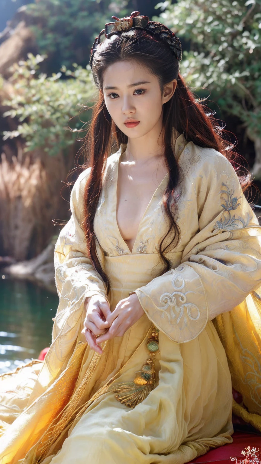 (medium breasts)、top-quality、​masterpiece、超A high resolution、（Armor of the Yellow Dragon）、(((medium tits))),dragon armor、(((Detailed Micro Bikini))),(Wearing a beautiful crown made of jewels),(Photorealsitic:1.4)、Raw photo、女の子1人、(((Random hair))、(((Take different poses)))、glowy skin、(((Chinese Dragon)))、Intricate and ornate hair ornaments、（Gorgeous Jewelry Necklaceystical expression）、（Fight big dragons）、With a beautiful knife、（Metal bikini）、((beautiful lake background)),(beautiful forest background)、Precipitous cliffs、(ruins background)、((super realistic details))、portlate、globalillumination、（sexypose）、Shadow、octan render、8K、ultrasharp、medium 、Raw skin  exposed in cleavage、metals、Details of complex ornaments、Japan details、highly intricate detail、Realistic light、CGSoation Trendlue eyes、radiant eyeacing the camera、Precipitous cliffs、Toostock、（）、（veils）、(((light medium))),