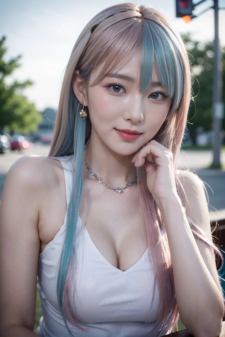 (걸작), (((최상의 품질)), (매우 상세한), 소녀 1명, (ra~ 안에bow colored hair, 화려한 머리, 하프 블루、half p~ 안에k hair: 1.2), , (yuk~ 안에a: 1.2), 옥외, 앞머리, 웃다, 하늘색 눈, 완벽한 손, 완벽한 손, 손 세부 사항, corrected f~ 안에gers. earr~ 안에gs, 나이트 스토어 + 배경, look~ 안에g for_~ 안에_뷰어, 카우보이 샷, 최상의 품질, 풍부한 세부정보, 완벽한 이미지 품질,