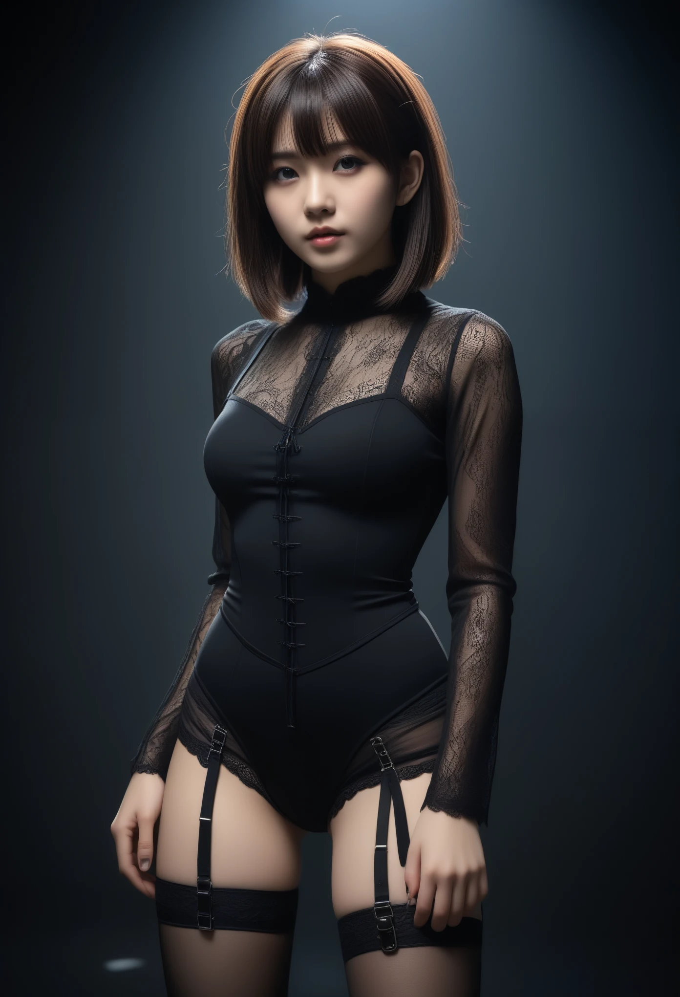 8k, Ultra-high resolution, Highest quality, masterpiece, surreal, photograph, 1 Girl,ld:1.3), pretty girl, Cute face, Beautiful eyes in every detail, Detailed,masterpiece,, One Girl:1.2, Japan Female Announcer, Brutal Cyberpunk Woman,Bob Haircut,(Futuristic Leotard:1.05),High leg cut,Lace blouse,(lace stockings with garters), (Black bondage and black gothic lolita)),Are standing,Beautiful leg line beauty,Captivating thighs, (In a post-apocalyptic scenario:1.2),Expression of despair,Dark and atmospheric lighting, This pose expresses a somber ecstasy..,Bold Pose,Looking at the audience、beauty,Long neck、Laugh a little、Please close your mouth and laugh、(((Ideal body type))),A-cup small breasts :2,、Portraiture:2、Perfect Anatomy、Vividly detailed、detailed、surreal、Light and shadow,Strong light