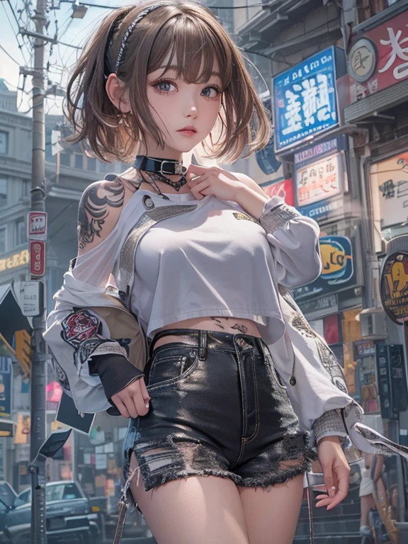 8K、masterpiece、highest qualthaty、Highest Level、Highest image qualthaty、Pieces fly、Intricate details、High resolution、Depth Field、Natural light、Professional Lighting、(1 person)、alone、Asian boyish girl、(cute:1.2)、Very beautiful 18 year old manga girl、(Skin with attention to detail: 1.2)、Photorealistic Anime Girl Rendering、Realistic anime 3D style、Short Bob Cut、、Beautiful light brown hair、強烈なIris、Strong eye highlights、Very large breasts、Perfect Anatomy、(Ripped and tattered distressed denim hot pants)、Wearing shorts、choker、fold your hands behind your back、Beautiful brown hair、short hair、Crossed bangs、Asymmetrical bangs、Short Bob Cut、Stick out your ears、eyelash、Iris、While crying、(Sophisticated headphones)、(Chest tattoo)、Body shiny wthath oil、Black leather jacket、(Metallic Bra)、Distressed blue short denim hot pants、that&#39;it&#39;s raining、My body gets wet in the rain、A decadent and futuristic city area at night、(cyberpunk cthaty)、(Futuristic car、Flashing red light)、(Lightning is flashing)、(Blue and purple neon lights flashing)、