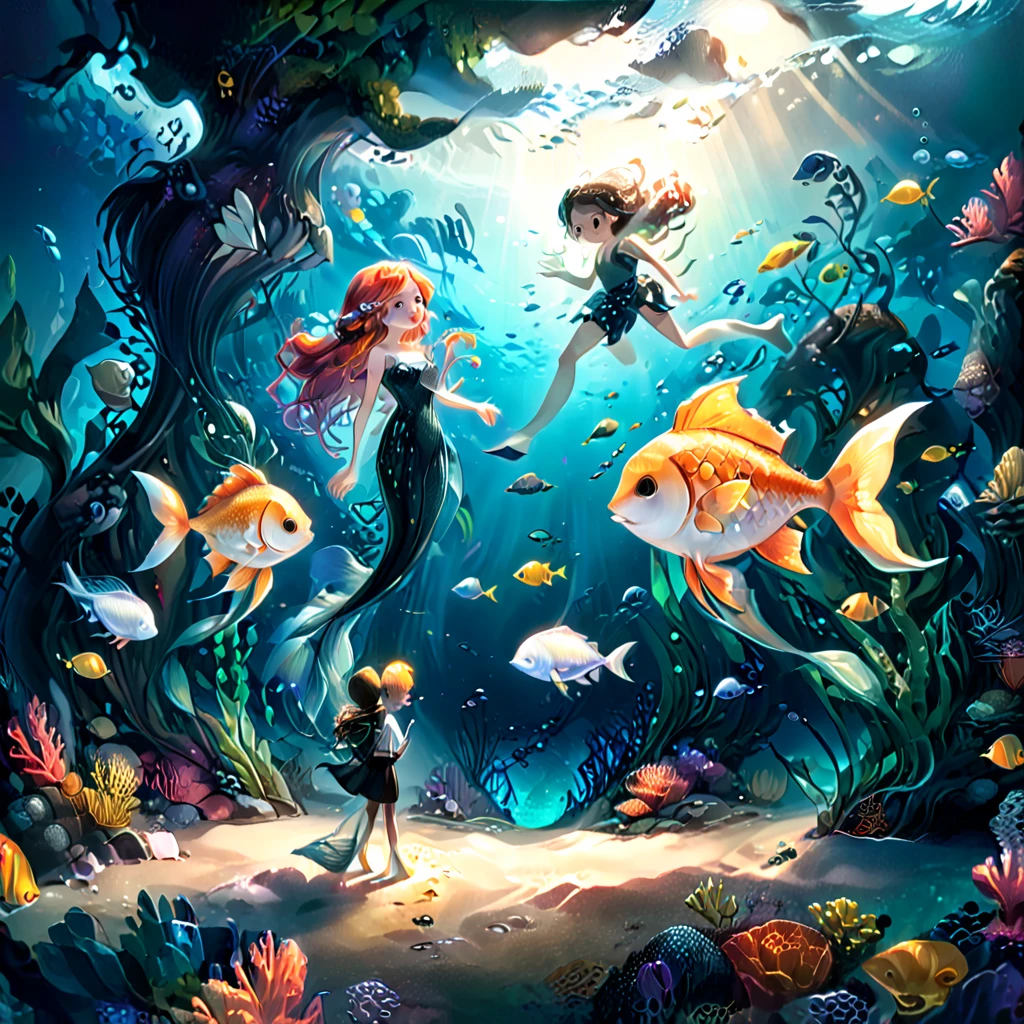 빛나는 비늘을 가진 귀여운 물고기 커플이 어두운 바다 속에서 데이트를 하고 있습니다., 심해 생물, 공상, 아이들의 동화책 삽화,생생한 색상,디테일한 조명, 극적인 그림자, 이상한,매우 상세한,디지털 아트,컨셉 아트,4K,8K,사실적인,걸작,매우 상세한