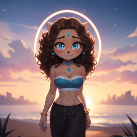 Katara, strapless crop top, baggy pants, high-top sneakers, cleavage, two-tone hair (brown hair, black tip)), curly hair, halo, ...