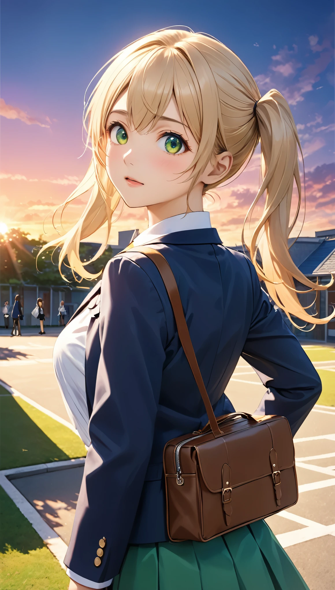 Highest quality, Highest quality, 16K, Unbelievably absurd, Very detailed, 2.5D, delicate and dynamic, School, Schoolyard, after school, sunset, Vivid sky, 小さなかすかな光と色Vivid sky気, School bag, Small face, Very delicate facial expressions, Delicate eye depiction, Upper body close-up,, erotic, dynamic sexy poses, One sexy woman, Healthy body shape, 16-year-old female, student, Height: 170cm, big firm bouncing busts, , blonde very long wavy hair, twin tail, Landscape, Looking back towards the camera, Looking up, Navy blue blazer, White shirt, Green skirt, knee high socks, Brown Loafers, Schoolyardに一人で立っている