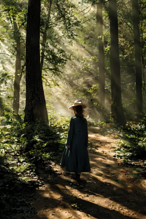 The girl wanders in the witch's forest, surrounded by tall pine trees and dim lights.