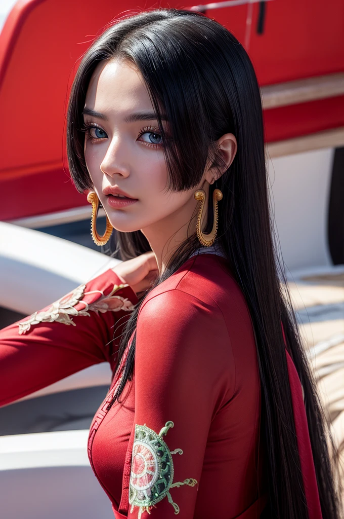 걸작, 최고의 품질, 매우 상세한, 초현실적, 사실적인, 아름다운 중국 모델, 매우 상세한 얼굴:1.2, 흑발, 빨간 드레스, 상세한 요트에, 역동적인 포즈
