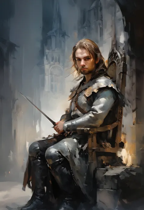 Top Masterpiece, high quality portrait, high resolution 16k, a painting of a man sitting on top of a throne holding a sword, dis...