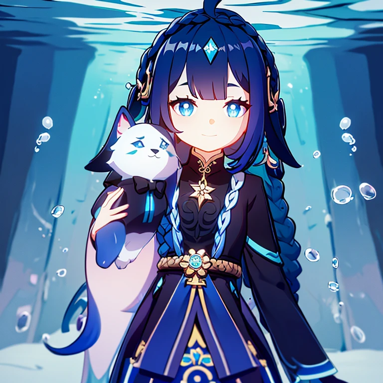 [YOUNG GIRL] Black long braids hair,blue to cyan eyes with shiny pupils,Blue and cyan thai national dress,Hug a cute puppy, named June,Hydro,Underwater