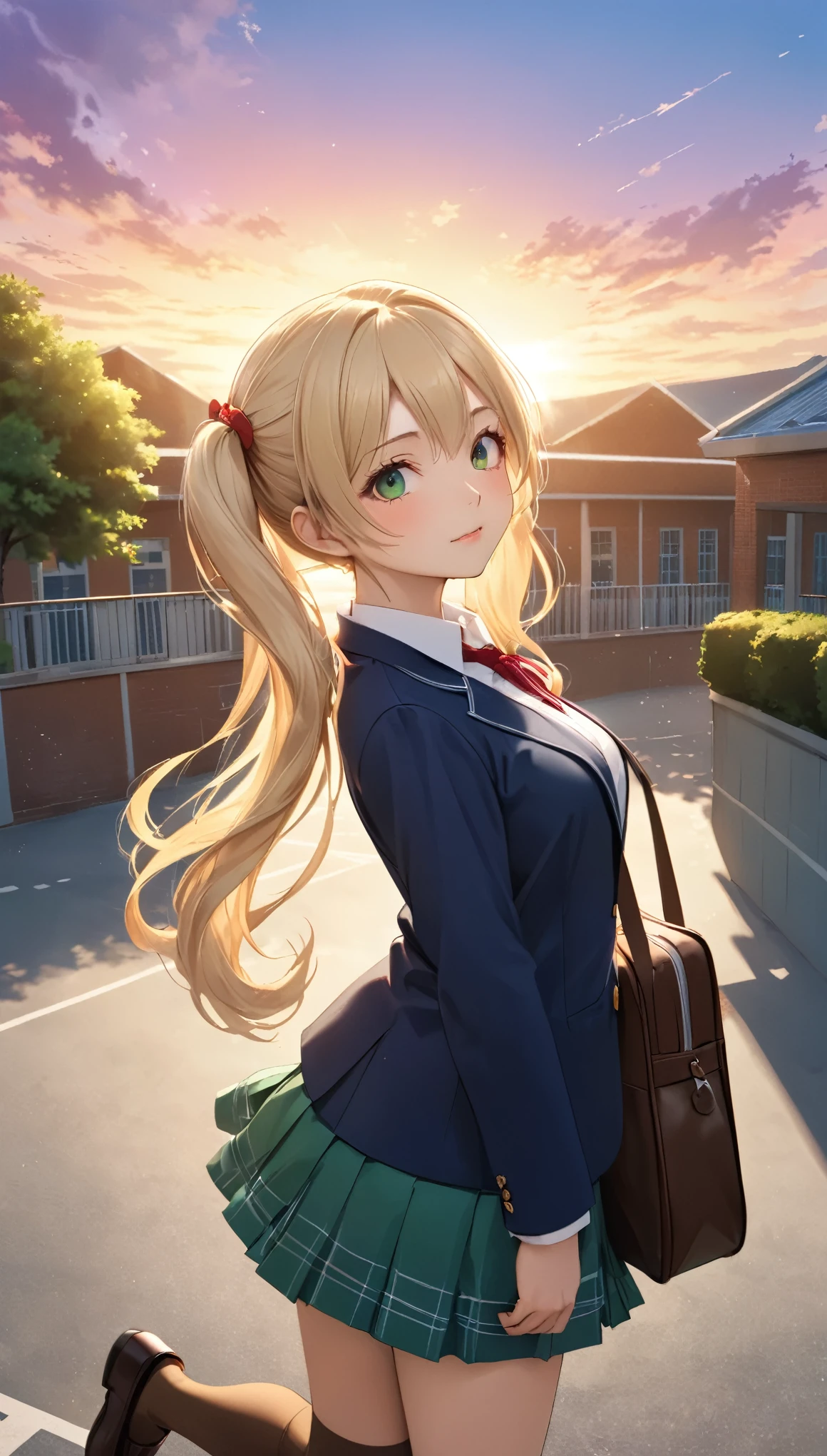 Highest quality, Highest quality, 16K, Unbelievably absurd, Very detailed, 2.5D, delicate and dynamic, School, Schoolyard, after school, sunset, Vivid sky, 小さなかすかな光と色Vivid sky気, School bag, Small face, Very delicate facial expressions, Delicate eye depiction, Upper body close-up,, erotic, dynamic sexy poses, One sexy woman, Healthy body shape, 16-year-old female, doaxvv_marie rose, student, Height: 170cm, big firm bouncing busts, , blonde very long wavy hair, twin tail, Landscape, Looking back towards the camera, Looking up, Navy blue blazer, White shirt, Green skirt, knee high socks, Brown Loafers, Schoolyardに一人で立っている