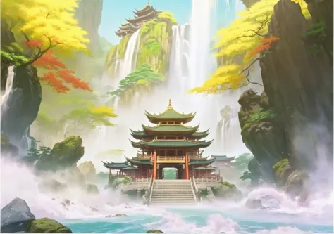 there is a painting，the painting shows a pagoda in the forest，and the waterfall, background technology, background technologywor...