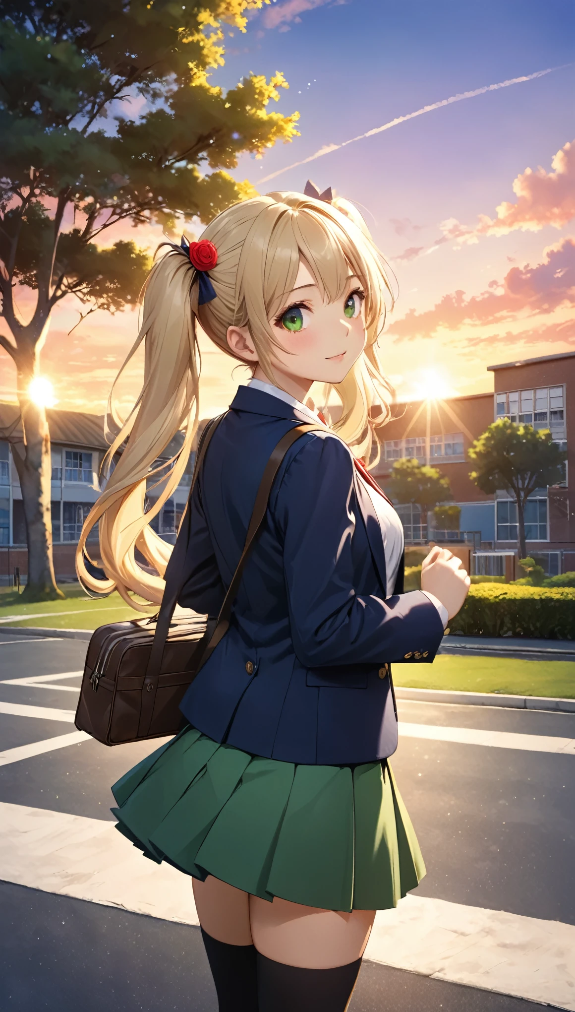 Highest quality, Highest quality, 16K, Unbelievably absurd, Very detailed, 2.5D, delicate and dynamic, School, Schoolyard, after school, sunset, Vivid sky, 小さなかすかな光と色Vivid sky気, School bag, Small face, Very delicate facial expressions, Delicate eye depiction, Upper body close-up,, erotic, dynamic sexy poses, One sexy woman, Healthy body shape, 16-year-old female, doaxvv_marie rose, student, Height: 170cm, big firm bouncing busts, , blonde very long wavy hair, twin tail, Landscape, Looking back towards the camera, Looking up, Navy blue blazer, White shirt, Green skirt, knee high socks, Brown Loafers, Schoolyardに一人で立っている