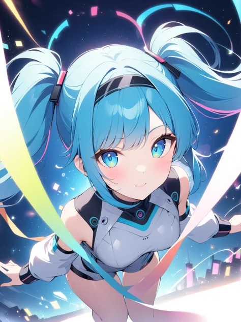 (A young woman with cyan hair in double ponytails:1.5)，She is wearing a futuristic outfit，Consists of an electronic-themed dress...