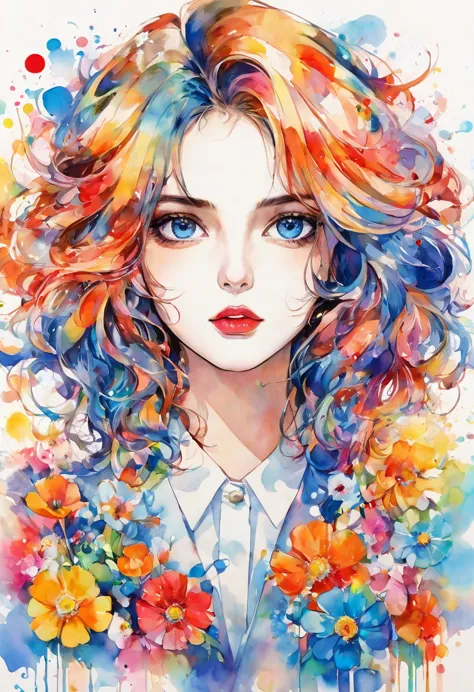 beautiful woman portrait, sylvia pelissero watercolors, colorful flowers、beautiful eyes、 abstract art, intense watercolor, water...