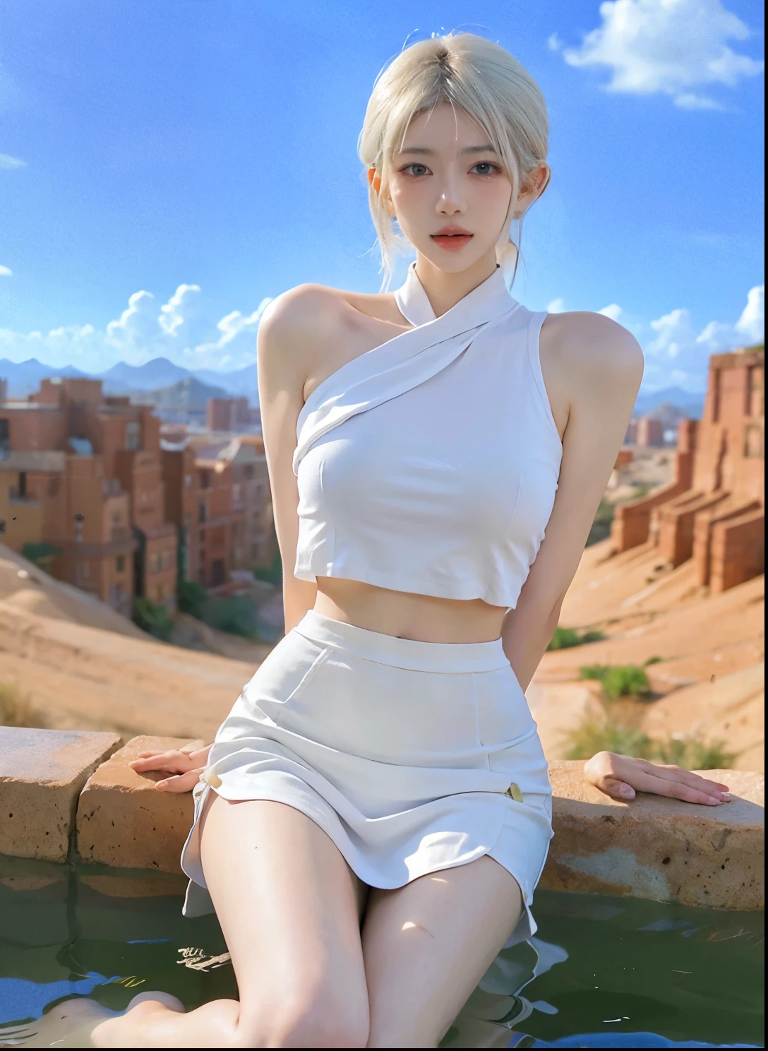 Beautiful woman with perfect figure:1.4，Swimming background，Desert Background，Ultra-high resolution，Seductive laughter，wear glasses，White legs，（lifelike：1.4），Layered Hairstyle，White skin，Black mini pleated skirt，whole body，Very delicate face and skin texture，Double eyelids，Skin Whitening，Long hair，White hair，White，