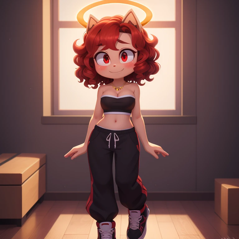 Meilin Lee, Turning Red, strapless crop top, baggy pants, high-top sneakers, cleavage, red hair, curly hair, halo, sunglasses, jewelry, red eyes, longeyelashes, red eyes, smile, shy, blush, high detail, masterpiece, UHD, anatomically correct, super detail, highres, 4K