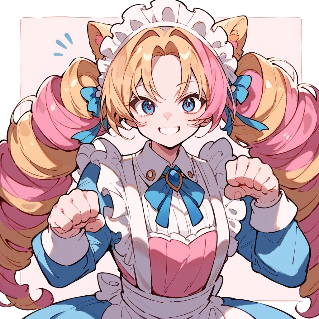 score_9, score_8_up, score_7_up, score_6_up, score_5_up, score_4_up,
1girl, blue eyes, multicolored hair, blonde hair, pink hair, twin drills, maid headdress, smile, paw pose,
