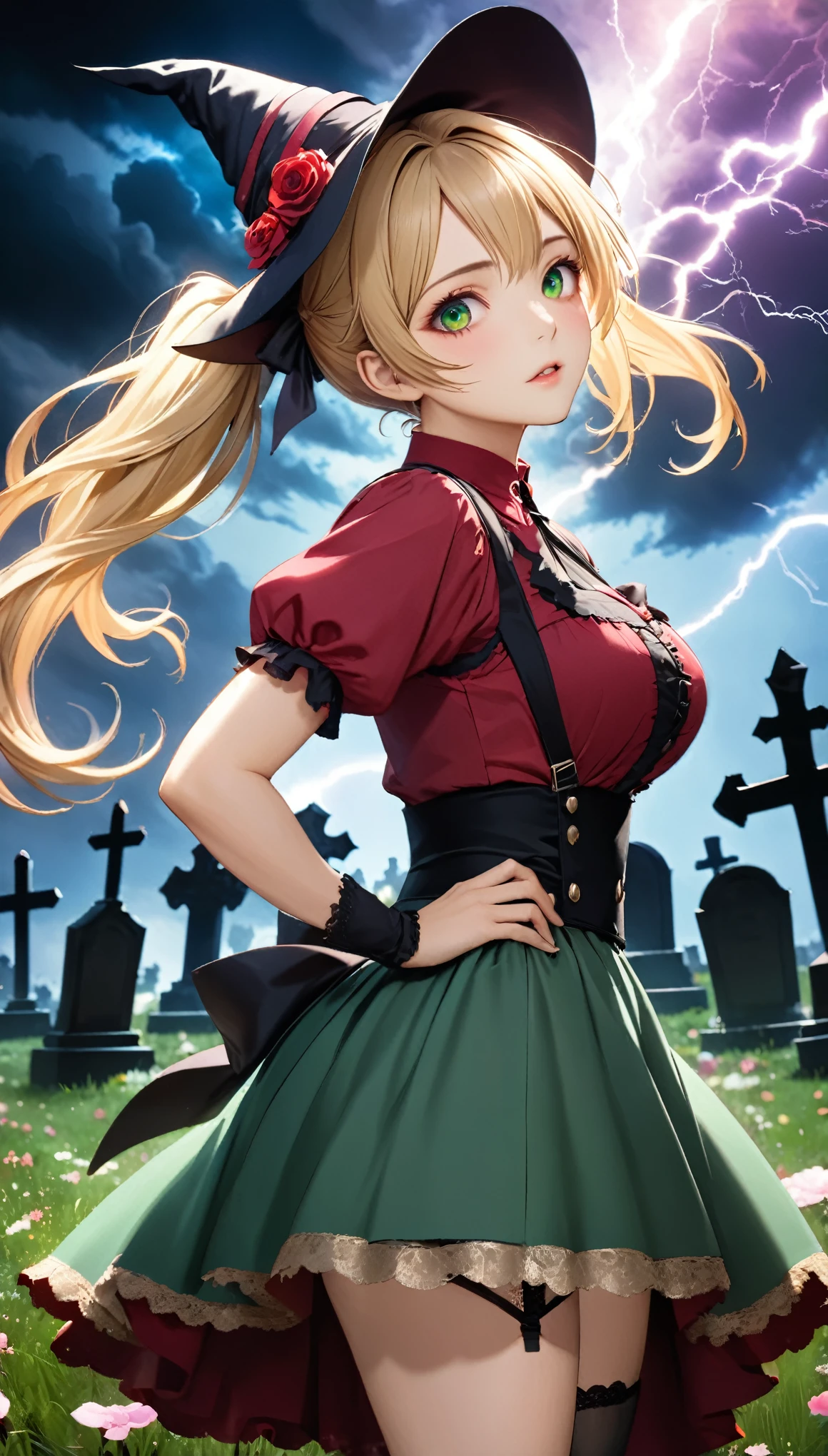 Highest quality, Highest quality, 16K, Unbelievably absurd, Very detailed, 2.5D, delicate and dynamic, Cemetery, Moonlit Night, storm, thunderstorm, Scary Sky, Tiny faint lights and colorful lights, magic, Small face, Very delicate facial expressions, Delicate eye depiction, Upper body close-up,, erotic, dynamic sexy poses, One sexy woman, Healthy body shape, 24-year-old woman, doaxvv_marie rose, witch, Height: 170cm, big firm bouncing busts, , blonde very long wavy hair, twin tail, Landscape, Looking back towards the camera, Looking up, A complex, gothic-style long dress, Red Shirt, Green long skirt, garter belt, Brown Loafers, Standing Alone