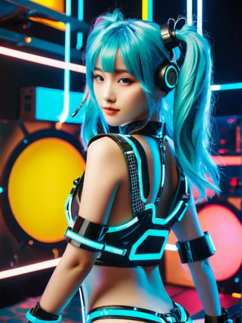 (A young woman with cyan hair in double ponytails:1.5)，She is wearing a futuristic outfit，Consists of an electronic-themed dress...