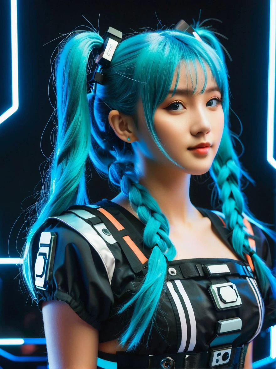(A young woman with cyan hair in double ponytails:1.5)，She is wearing a futuristic outfit，Consists of an electronic-themed dress，Her headband consists of a square-shaped emblem.，Hanging ribbons。The color palette includes cyan、black and white，The overall tone is colorful and vibrant，((Looking directly at the audience，first-person view, ass pov))