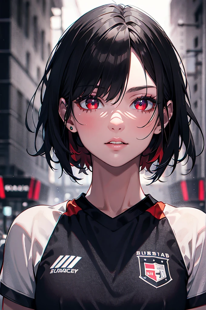 a woman with short black hair, beautiful detailed eyes, beautiful detailed lips, extremely detailed face, longeyelashes, wearing a Germany football trikot, football shorts, red eyes, hyperrealistic, 8k, best quality, photorealistic, highly detailed, studio lighting, professional, vivid colors, intricate details