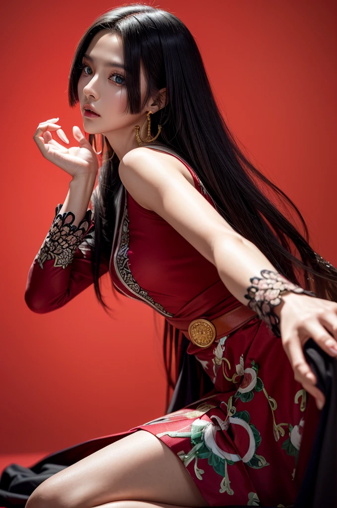 杰作, 最好的质量, 极其详细, 超现实主义, 真实感, 一位美丽的中国模特, 极其细致的脸部:1.2, 黑发, 红色礼服, 空中飘扬着许多颗心:1.1, 时装模特摆姿势, 从头到膝盖的射击
