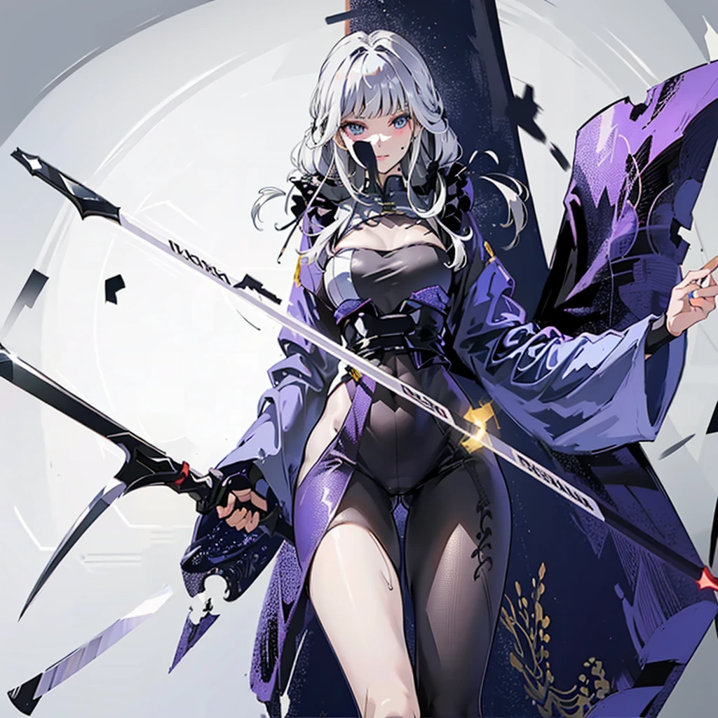 (absurderes、hight resolution、Ultra-detail)、​masterpiece、top-quality、Girl with a scythe、solo、Silver hair、long straight hair and bangs, straight cutted bangs and hairstyle, gray Silver hair, heterochromia eyes, different colored eyes, left eye is purple, right eye is red, long silk haired、red and purple different colored  eyes、 eye and detailed face、((Joggers、sweat pant、sandal))、Sickle design、Complex scythe、Fantasy scythe、evil smile、Dramatic skies、Isolated land、looking-down、spark of light、whirlpool、Um ser celestial、Full of elements
Indigo ,Silver, Silver violet, Silver green clothing palette