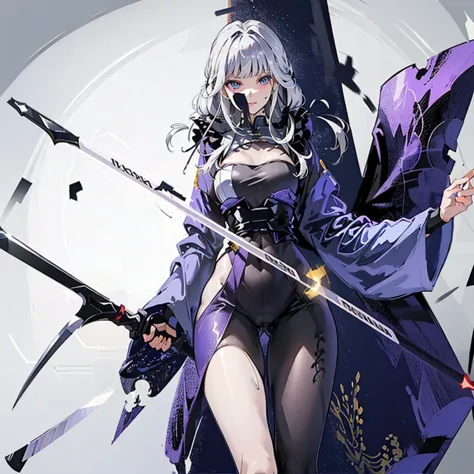 (absurderes、hight resolution、Ultra-detail)、​masterpiece、top-quality、Girl with a scythe、solo、Silver hair、long straight hair and b...
