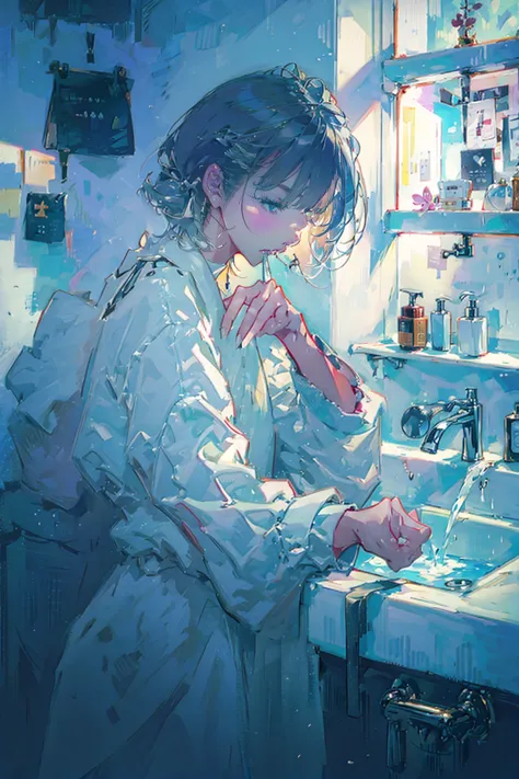 1girl,solo,cute,pajamas,brush teeth,in basin,wash basin