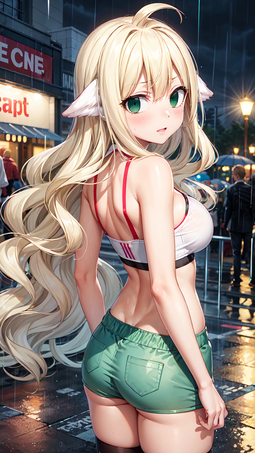 Masterpiece ,best quality , high resolution , (1 girl solo:1.38) , (mavis, long hair, blonde hair, (green eyes:1.5), ahoge, wavy hair, animal ears,) , (cleavage:1.2) , (medium breast:1.28) , (wear baseball hat , belly , navel , sport top , sport short , stockings ) , (cleavage:1.15) , (big breast:1.1) , (face view , from behind , back view , looking back , head back , look at view ) , (outdoor ,on street , road , night , lamp, shop, avenue, raining , vivid rain , heavy rain) , (standing , cowboy shot) , ( full face blush , shy )