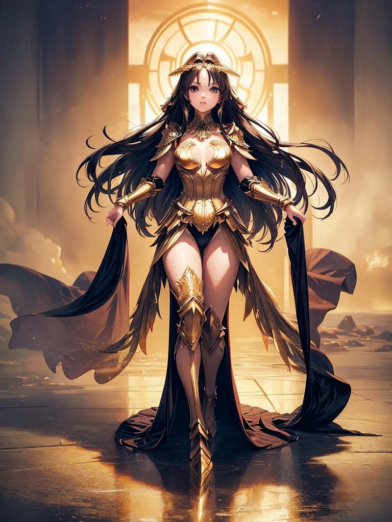 (masterpiece), (best quality), (high detail), best quality, extremely beautiful, beautiful face, angel woman, 2 big golden wing, full body. revealing armor with open_front_skirt, very long hair