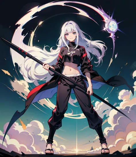 (absurderes、hight resolution、Ultra-detail)、​masterpiece、top-quality、Girl  with a scythe
Gray hair, straight long hair, blunt str...