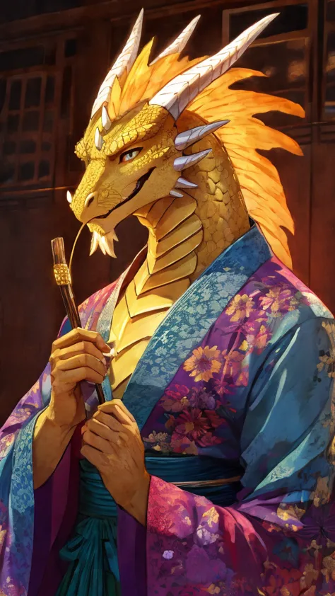 Dragon personification、Yellow scales、Bright expression、Long dragon whiskers、kimono