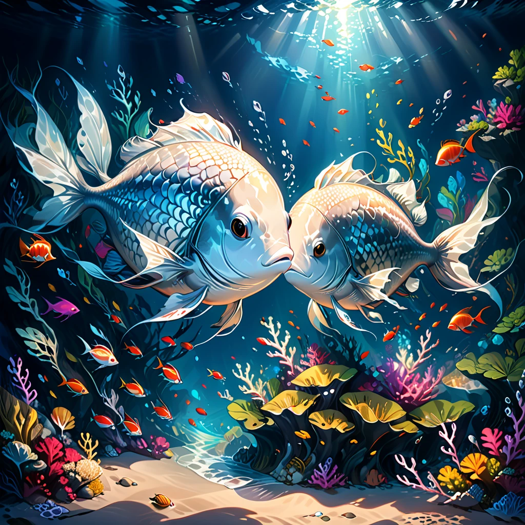 Um peixe bonito com corpo longo e esbelto, escamas prateadas brilhantes, casal em um encontro nas profundezas escuras do mar, vida no oceano profundo, fantasia, ilustração infantil,cores vibrantes,iluminação detalhada, sombras dramáticas, Excêntrico,altamente detalhado,arte digital,arte conceitual,4K,8K,fotorrealista,Obra de arte,ultra-detalhado