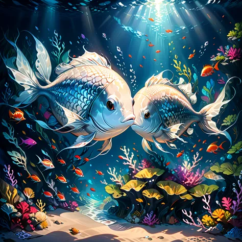 A cute fish with long and slender body silver shiny scales couple on a date in the dark depths of the sea, deep ocean life, fant...