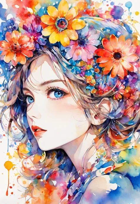 beautiful woman portrait, sylvia pelissero watercolors, colorful flowers、beautiful eyes、 abstract art, intense watercolor, water...