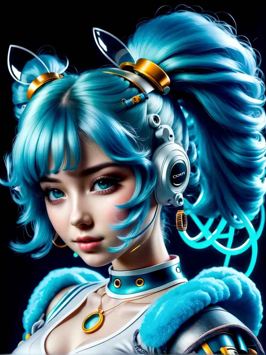 (A young woman with cyan hair in double ponytails:1.5)，Wearing a futuristic outfit，Consists of an electronic-themed dress，(Elect...