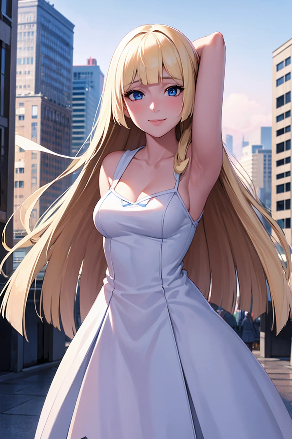 Masterpiece, stunning realistic, best quality, sharpness, 1 girl ,Lillie,blonde hair,blue eyes ,white headwate,white dress ,blaue fliege,medium breasts,standing in a city,arms behind head,cute smile,half body