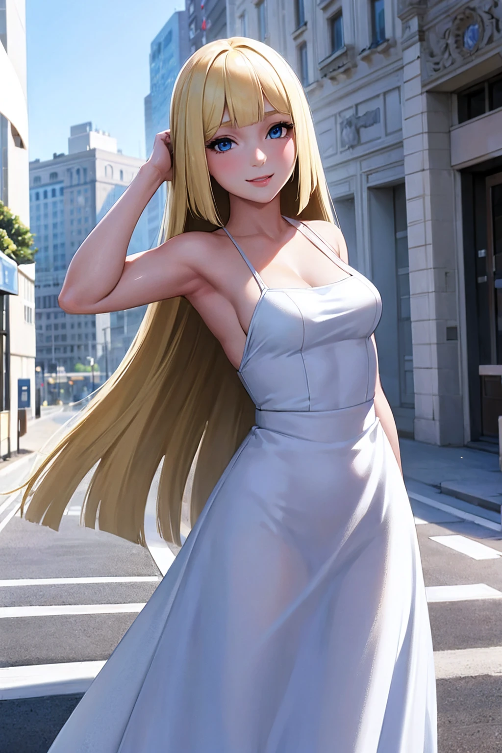 Masterpiece, stunning realistic, best quality, sharpness, 1 girl ,Lillie,blonde hair,blue eyes ,white headwate,white dress ,blaue fliege,medium breasts,standing in a city,arms behind head,cute smile,half body