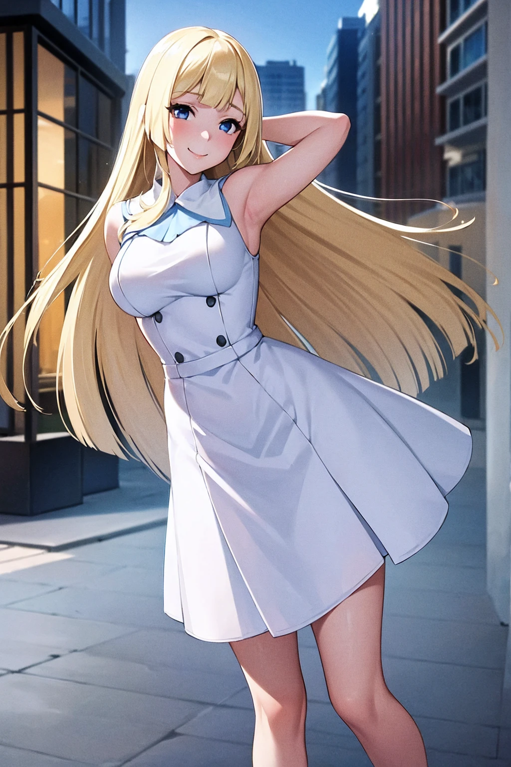 Masterpiece, stunning realistic, best quality, sharpness, 1 girl ,Lillie,blonde hair,blue eyes ,white headwate,white dress ,blaue fliege,medium breasts,standing in a city,arms behind head,cute smile,half body