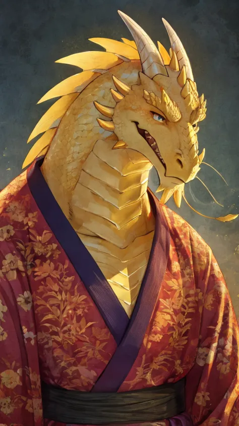 dragon personification、yellow scales、bright expression、long dragon whiskers、plain kimono、thick neck