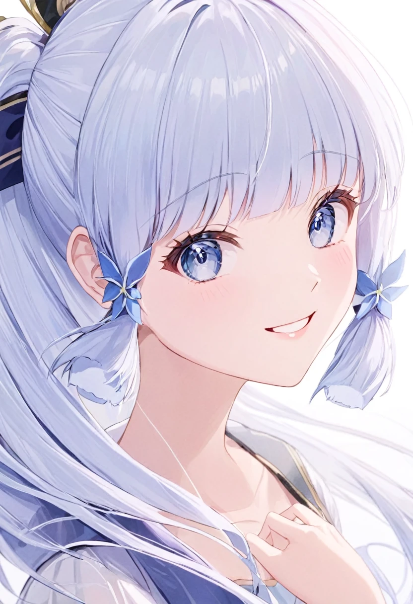 Super detailed,(Highest quality),((masterpiece)),(High resolution),original,Highly detailed 8k wallpaper,(Very delicate and beautiful),Highest_hand,anime,    (\Kamisato Ayaka\),Beautiful pupils,White background,smile