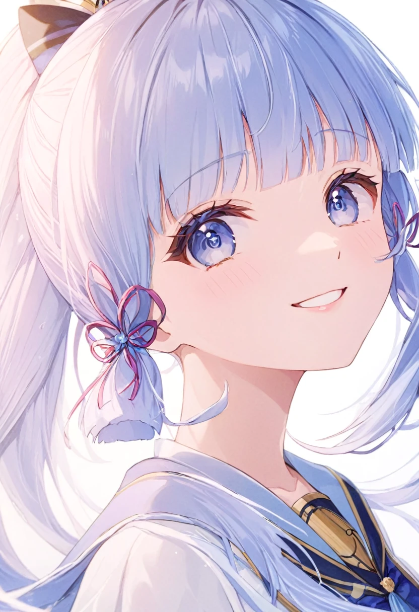 Super detailed,(Highest quality),((masterpiece)),(High resolution),original,Highly detailed 8k wallpaper,(Very delicate and beautiful),Highest_hand,anime,    (\Kamisato Ayaka\),Beautiful pupils,White background,smile