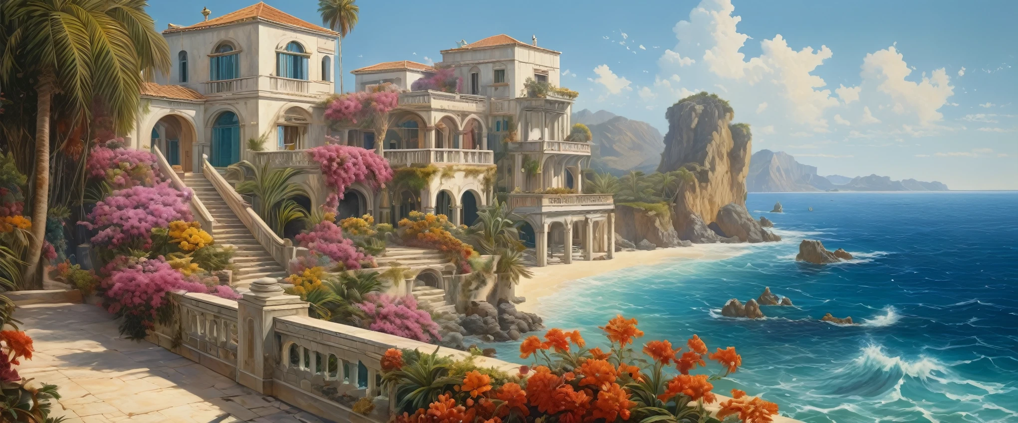 paysage mer, Eau cristalline, cocotier, fleurs exotiques, (Highly detailed CG Unit 8k wallpaper), The most beautiful work of art in the world, Professional majestic oil painting, complexe, High detail, mise au point nette, dramatique, Art of photorealist painting, Alma Tadema