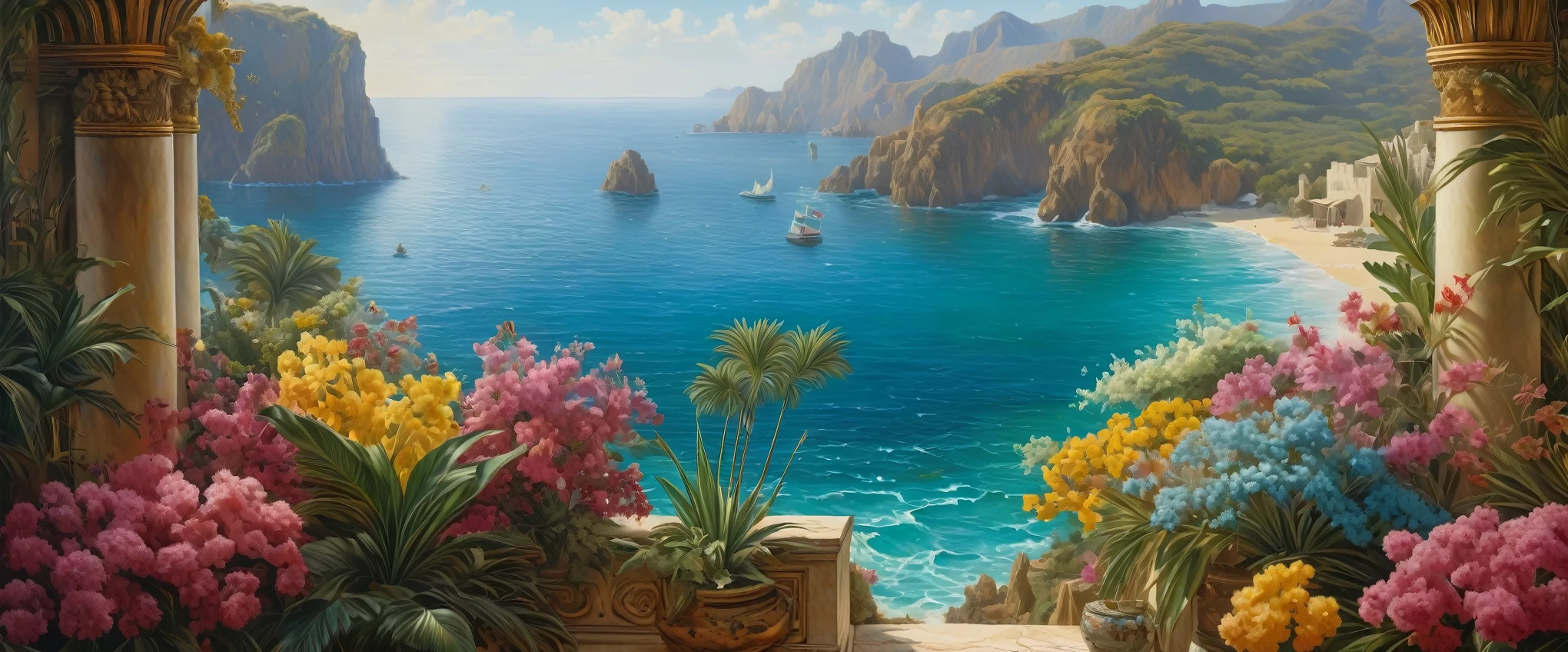 paysage mer, Eau cristalline, cocotier, exotic flowers, (Fond d&#39;écran CG Unit 8k très détaillé), La plus belle œuvre d&#39;art du monde, peinture à l&#39;huile majestueuse professionnelle, complexe, Détails élevés, mise au point nette, dramatique, Art de la peinture photoréaliste, Alma Tadema