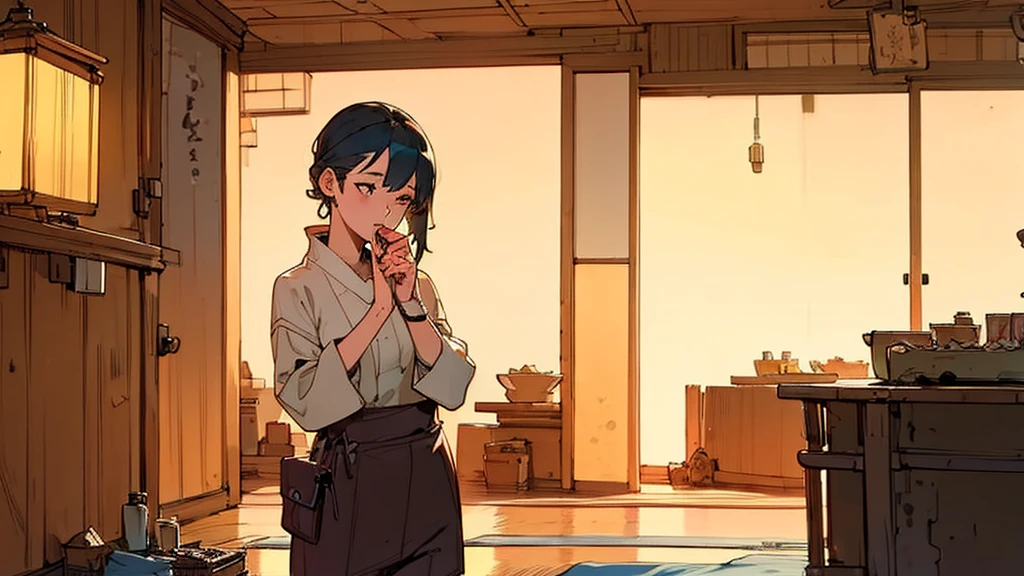 An office lady drinking coffee at a cafe on a rainy day　Warm lighting　Japanese anime style